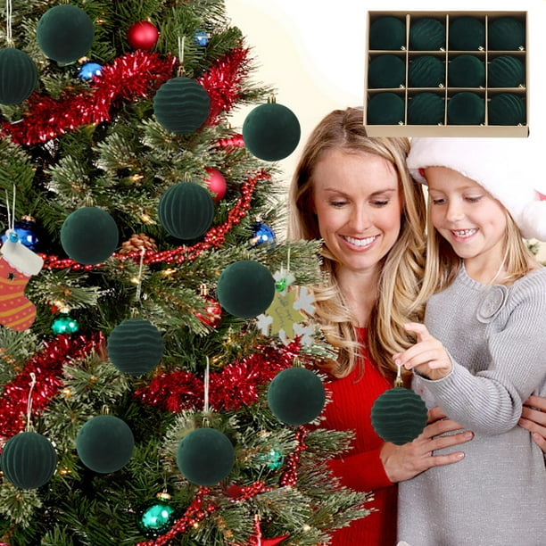 Juego de adornos de bolas de Navidad Paquete de 12 | Café Rojo Verde Flocado 2.36in | Decoraciones de árbol de Navidad irrompibles | Estilos ligeros, fáciles de colgar, variados para decoración de
