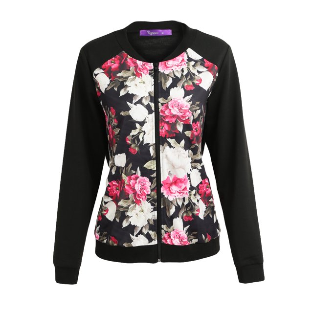 Moda Otoño Invierno Mujeres Chaqueta de la chaqueta de estampado floral con cremallera de manga larg Abanopi Negro M