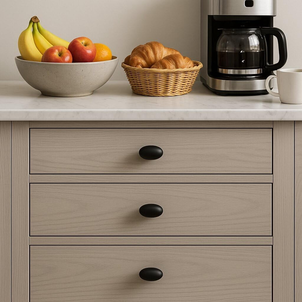 ABCISI 10 Pack Oval Cabinet Knobs, Furniture Cupboard Pulls, Modern Single Hole Hardware for Kitchen Cabinet, Dresser, Wardrobe Drawer, Matte Black