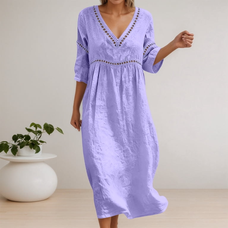 Wxolcjlv Women's Eyelet Midi Dress Elastic Empire Waist Three Quarter Sleeve Vacation Sundress
