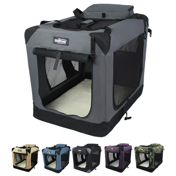 EliteField 3-Door Folding Soft Dog Crate with Carrying Bag and Fleece Bed (2 Year Warranty), Indoor & Outdoor Pet Home (24" L x 18" W x 21" H, Gray)