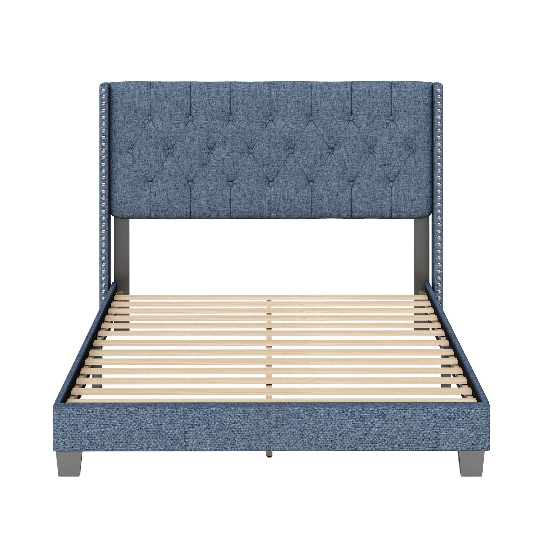 Boyd Sleep Mia Blue Linen King Size Fully Upholstered Platform Bed Frame with Tufted Headboard