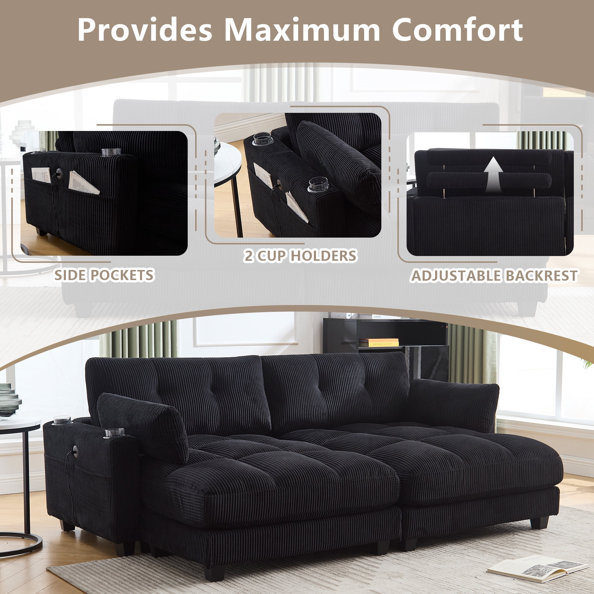 MOONMISS Corduroy Upholstered Soft Deep Seat Sleeper Loveseats Sofa with USB,Type-C&Cup Holders-Black