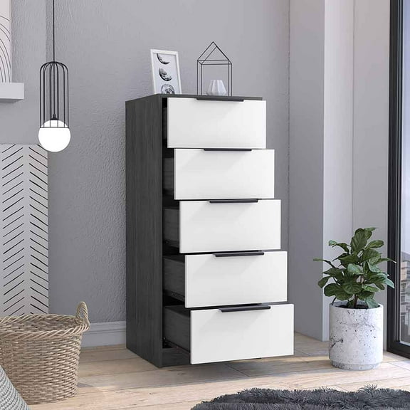 Nmkwnr Wood 5 Drawer Dresser with Handle, Storage Cabinet for Home, Bedroom, White Gray