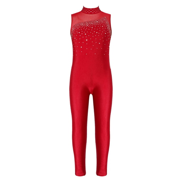 Jizyo Kids Girls Dance Unitard Sleeveless Full Body Jumpsuit Rhinestone Rompers One Piece Ballet Dance Leotard Burgundy 14