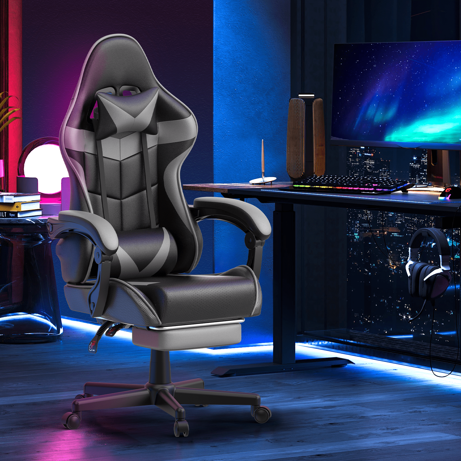 Soontrans Gaming Chair with Footrest and Ergonomic Massage Lumbar Pillow PU Leather Office Chair, Gray