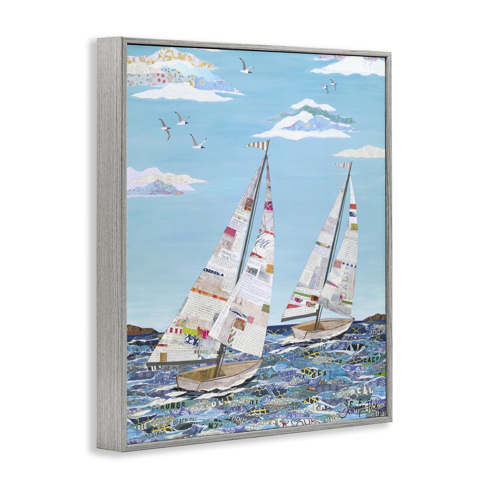 Stupell Industries Collaged Sailboat Pair Transportation Painting Gray Framed Art Print Wall Art, 24 x 30