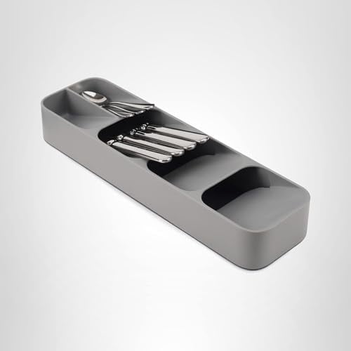 DrawerStore Compact Utensil Organizer For Kitchen Drawer Silverware, Flatware Tray, Small, Grey