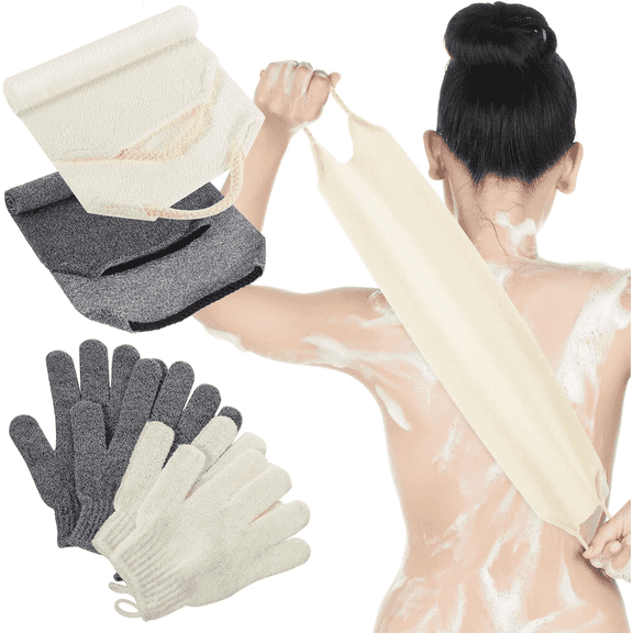 TAETOE Exfoliating Back Scrubber Bath Gloves Set, Exfoliating Shower Towel with Shower Gloves for Body Scrub, Back Cleaner Wash Gloves to Remove Dead Skin (Grey Pink)