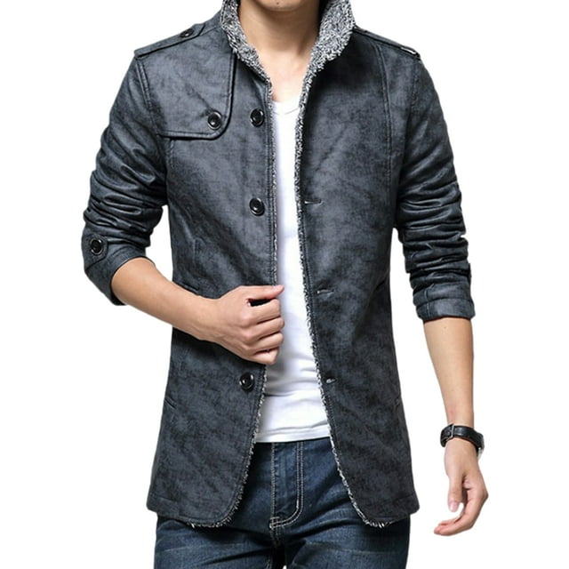 goowrom Men Leather Coat, Stand Collar Long Sleeve Greatcoat Jacket