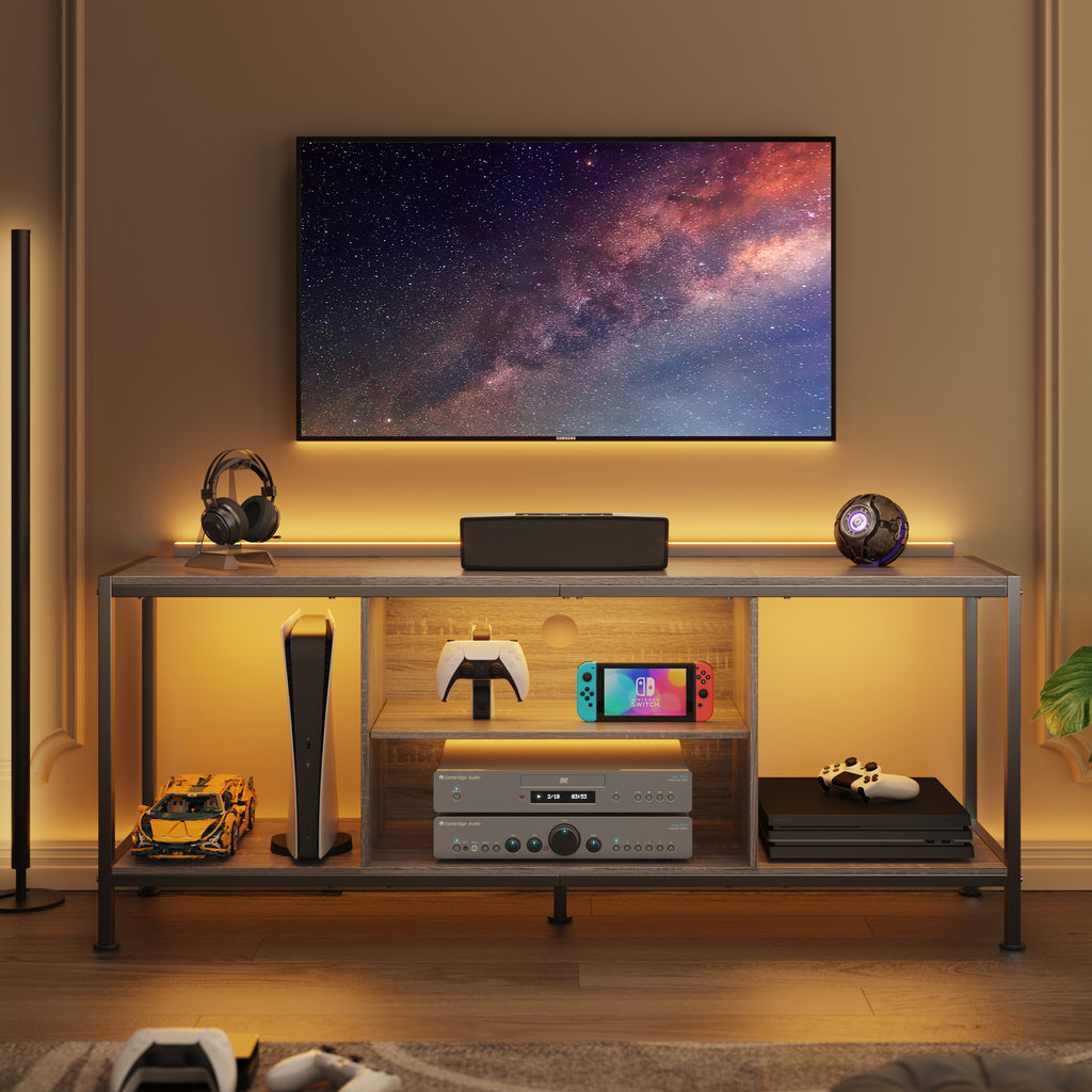 Aiho Mid-Century Wooden TV Stand for TVs up to 65" with Open Storage Shelves and Metal Frame - Gray