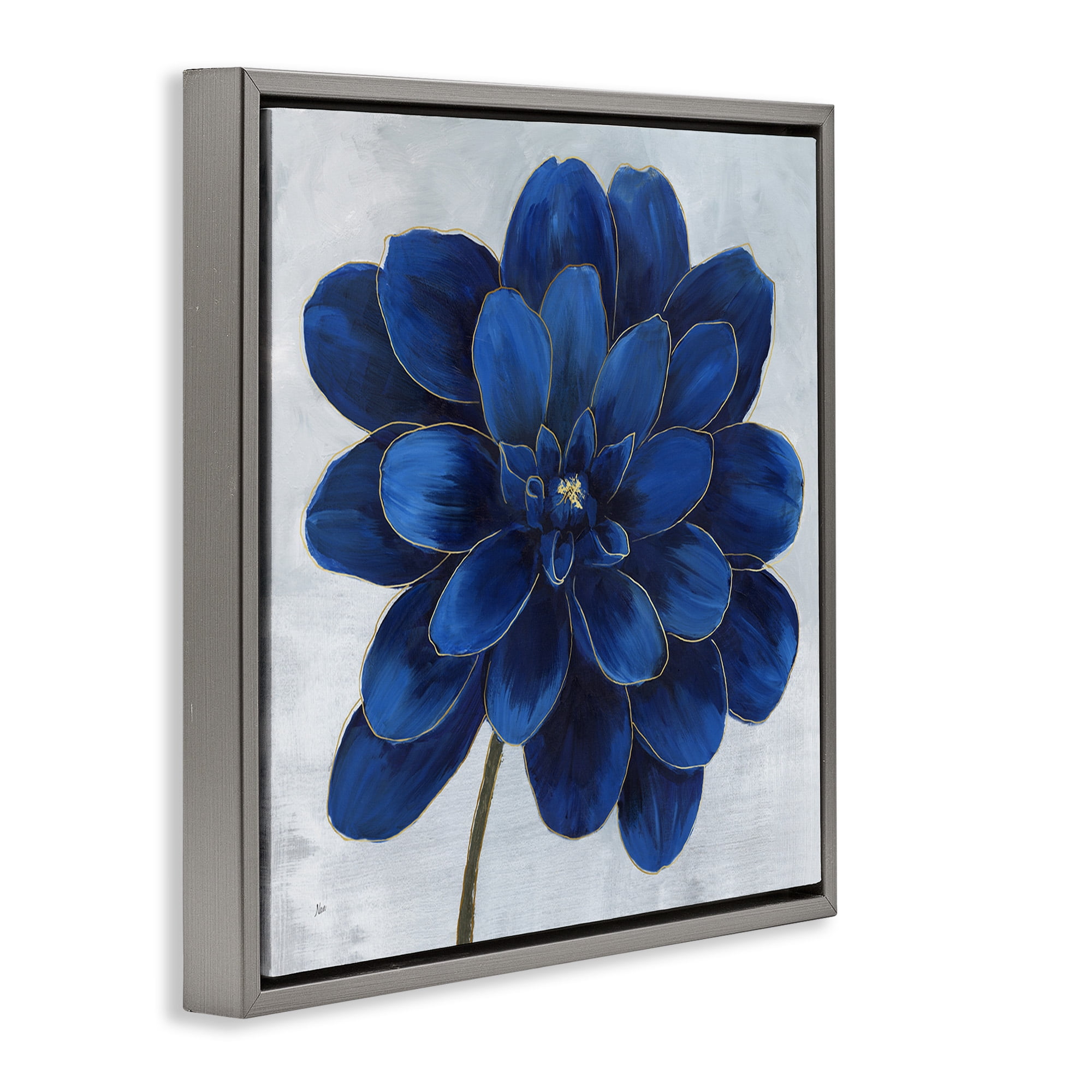 Stupell Industries Modern Deep Blue Floral Carnation Botanical & Floral Painting Gray Floater Framed Canvas Art Print Wall Art, 18 x 18