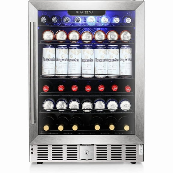 KNDKO 24 Inch Beverage Refrigerator, 140 Can Beer Fridge Wine Cooler with Temperature Control, LED Light, Glass Door, Lock