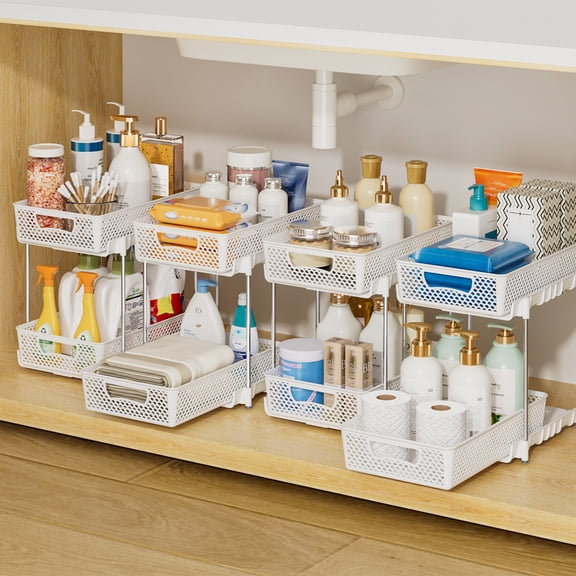 4 Pack Pull Out Bathroom Organizers and Storage, 2 Tier Stackable Under Sink Storage Organizer for Bathroom, Kitchen Cabinet, Pantry, and Medicine Holder, Organization and Storage - White