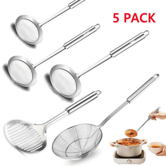 5 Pcs Solid Stainless Steel Spider Strainer Skimmer Ladle for Cooking and Frying, Kitchen Utensils Wire Strainer Pasta Strainer Spoon Hot Pot Fat Skimmer Spoon