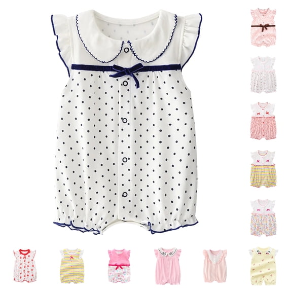 Einccm Baby Girls 100% Cotton Polka Dot Romper - Short Sleeve Peter Pan Collar Jumpsuit with Waist Bow - Soft Breathable Summer One-Piece Bodysuit for borns and Toddlers 0-24 Months