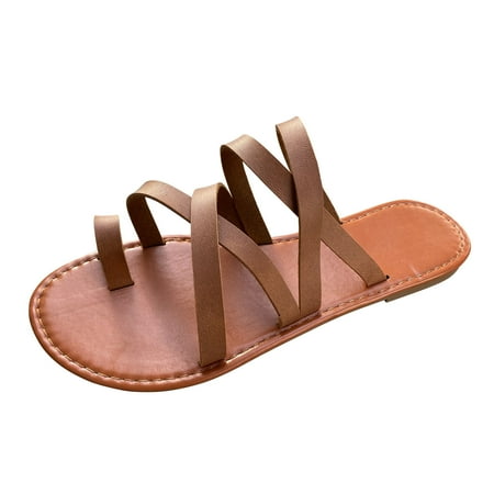 

Cathalem Ladies Fashion Solid Color Leather Thin Band Combination Clip Toe Flat Casual Sandals Brown 42