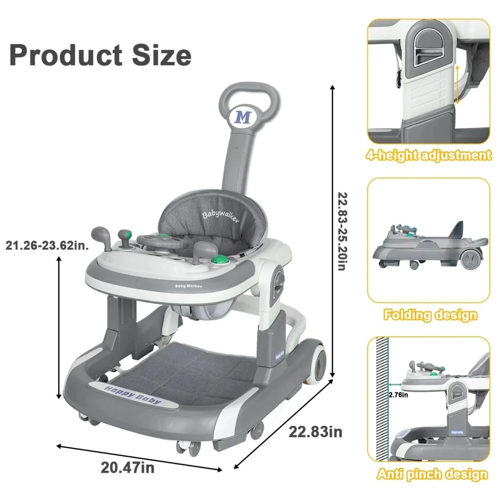 JUANYU Multifunctional Baby Walkers,Height-Adjustable Push Walker for Infants 6-24 Months,Grey