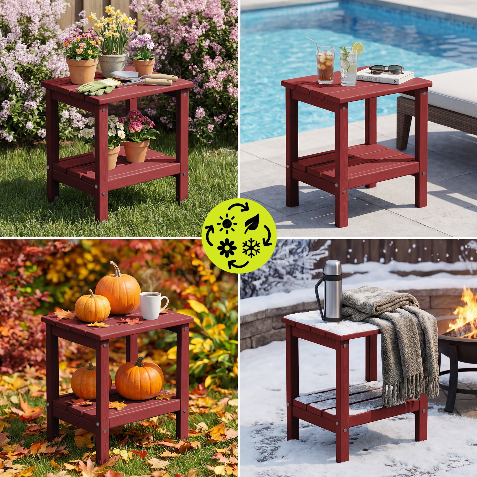FUNDAZE HDPE 2-Layer End Table for Living Room, Outdoor Side Table, Patio Small End Table, Dark Red