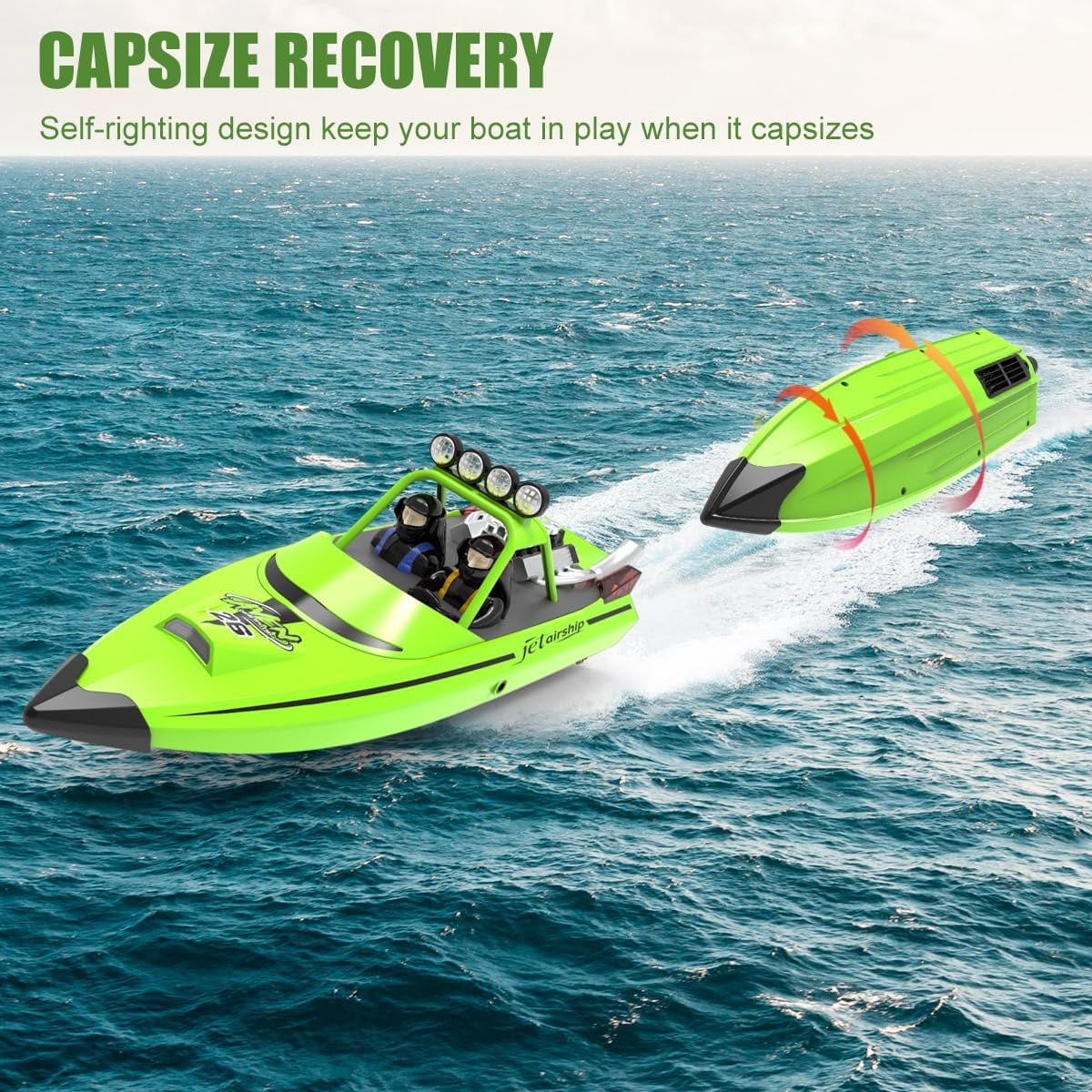RC Jet Boat – Funtogether Toys Toy Jet Ski with Remote Control, 2.4GHz, LED Lights, 20MPH Fast Racing, 2 Rechargeable Batteries, Green