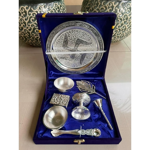 german silver pooja thali set in velvet box for housewarming/ pooja/ festival