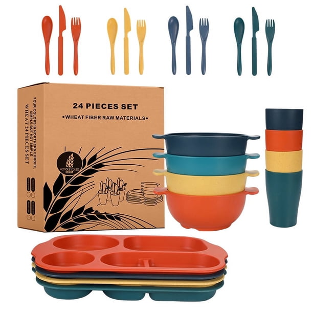 Nvzi 24Pcs Wheat Straw Dinnerware Cutlery Sets, Divided Plates Unbreakable Bowl Microwave Dishwasher Safe Tableware Cutlery -Multicolour A