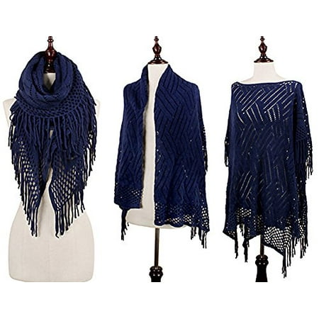 StylesILove 3 Ways Pattern Lace Knitted Women's Shawl Wrap with Fringe, 5 Colors (Navy)