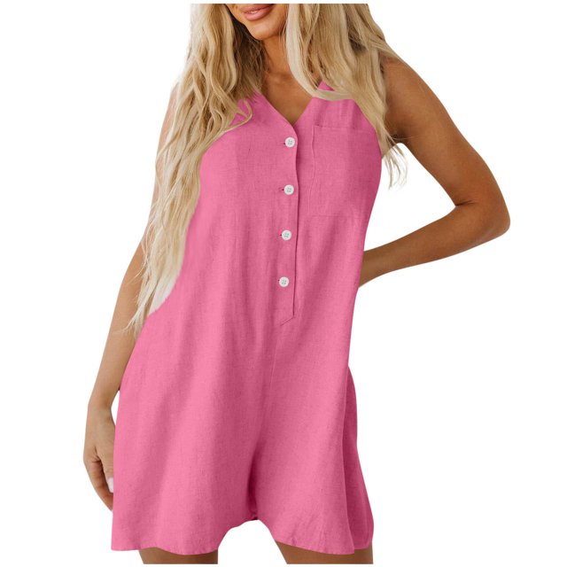 Diufon Plus Size Rompers for Women Summer Sleeveless Solid Color Button V Neck Wide Leg Shorts Jumpsuits