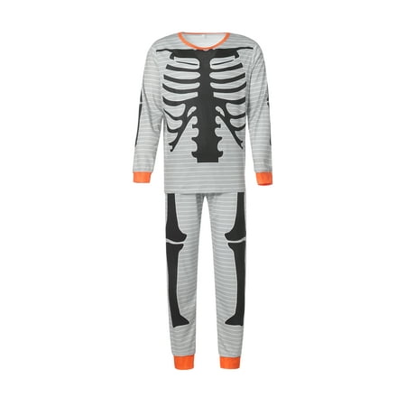 

AMILIEe Halloween Family Matching Nightwear Set Skeleton Print O-Neck Long Sleeve Tops+ Pajamas Trousers for Kids Adults Gray