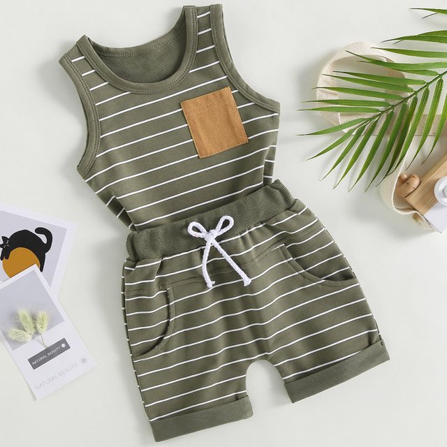 Trajes De Verano Camisetas sin mangas a rayas para bebés y pantalones cortos, ropa bonita de 2 piezas para recién nacidos (verde militar 2T) Cgtredaw Para estrenar