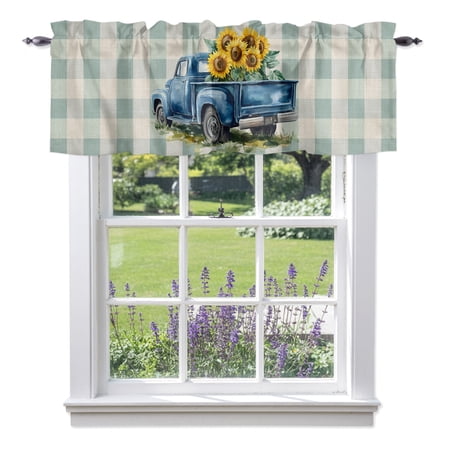 Spring Sunflower Valances for Windows Watercolor Truck Blue Plaid Rod Pocket Short Window Valance Curtains Holiday Window Treatment for Kitchen Living Room Bathroom 42 x 12