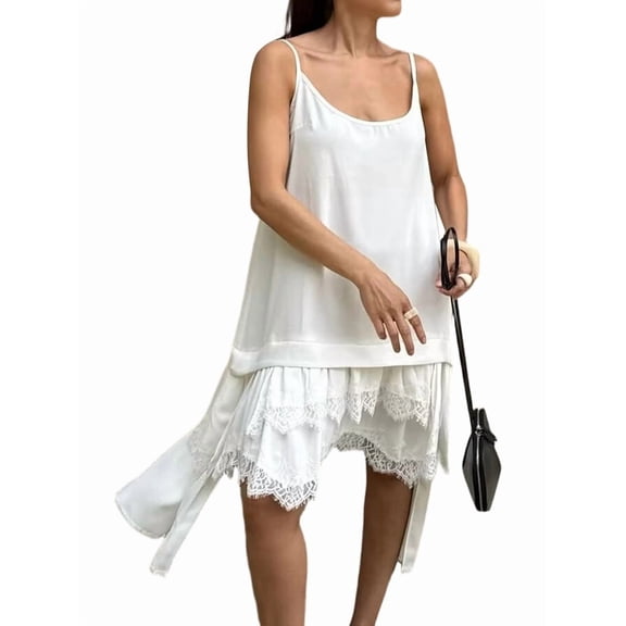 Women Lace Mini Dress Slip Sleeveless Patchwork Lace Tiered Short Dresses Flowy Dress White L