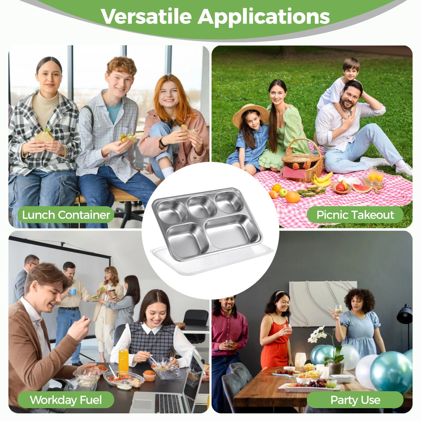 4 Pcs Stainless Steel Snack Containers, 5-compartment Bento Boxes with Lids, Deep Large Metal Lunch Trays, Stackable Divided Lunch Containers for Home, Office, Travel