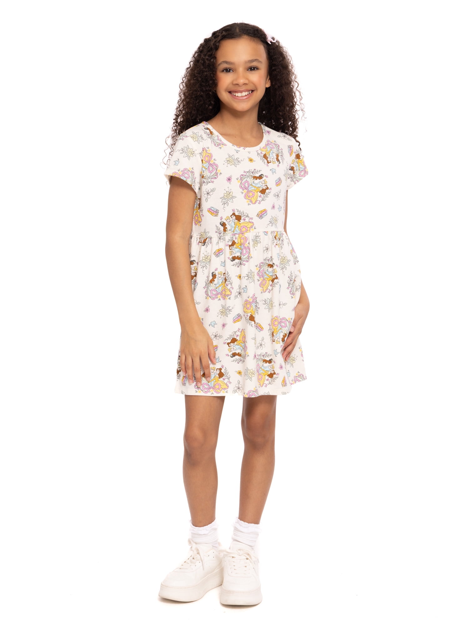 Disney Princess Girls Allover Print Dress with Short Sleeves, Sizes 4-12