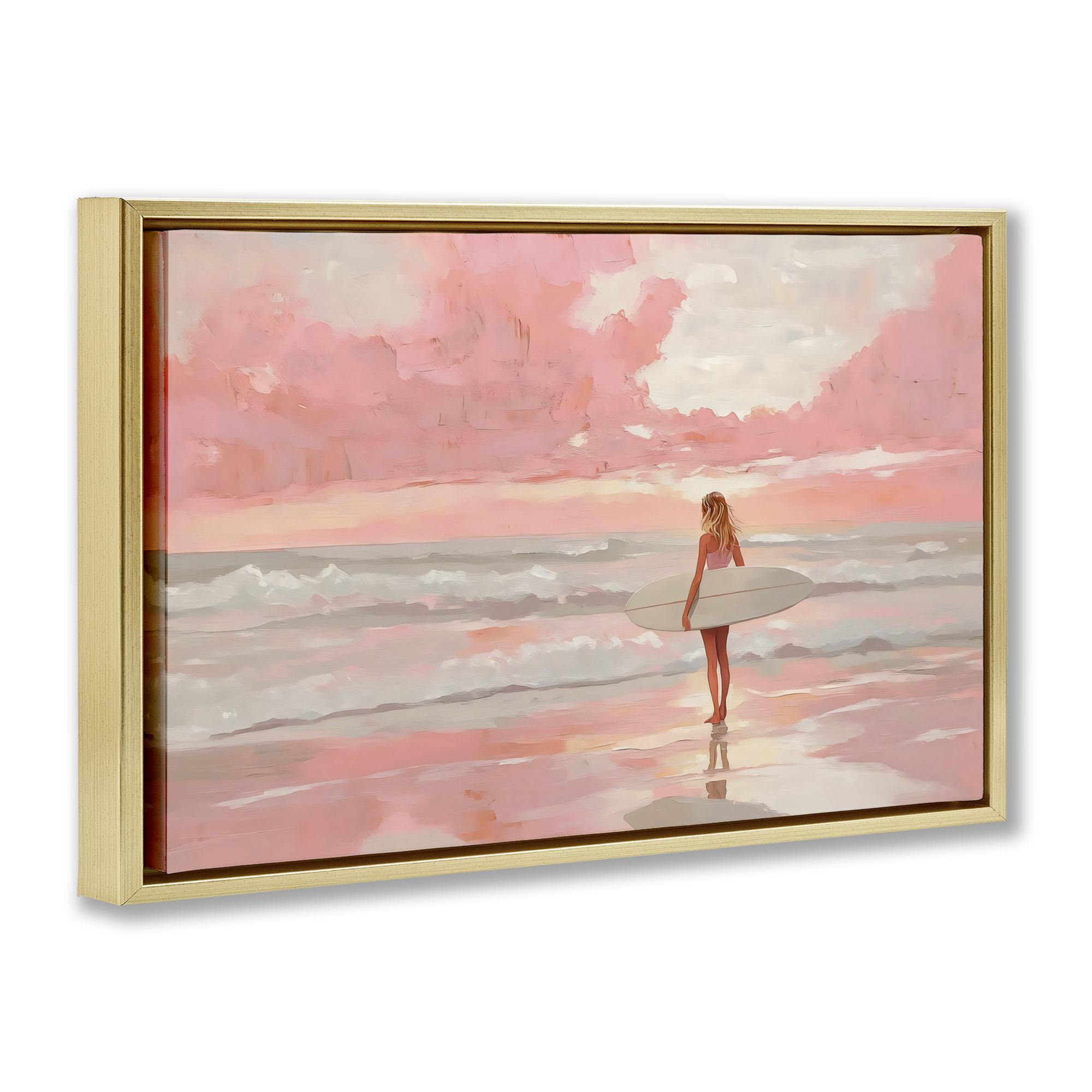 Pink Sky Surfer Gold Framed Floater Canvas Wall Art, design by LSR Design Studio