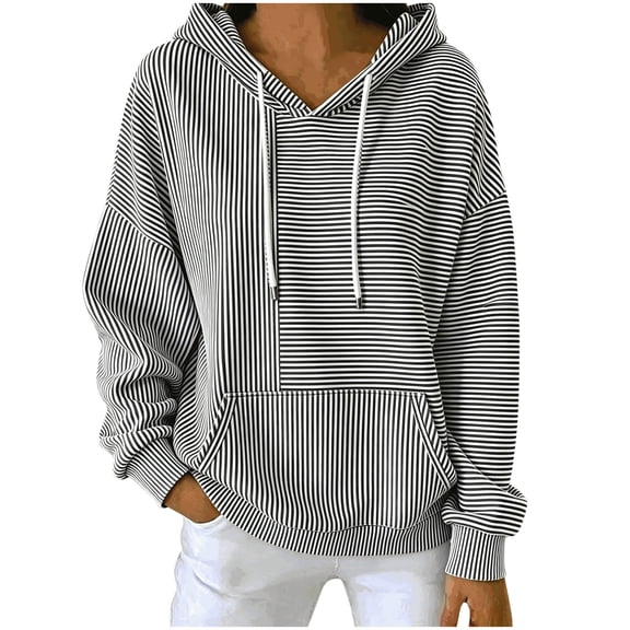 MaFYtyTPR Women Hoodie Long Sleeve Sweatshirt Striped Printed Drawstring Loose Pullover Blouse with Pocket for Daily Wear Black L