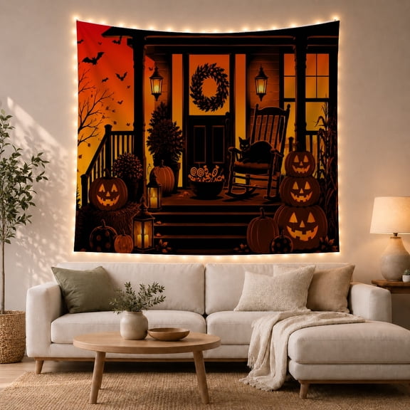 Dark Wooden Porch Scene with Black Cat and Pumpkins, Spooky Gothic for Halloween Fans, Carved Jack-O'-Lantern Art, Halloween Gift Tapestry Wall Hanging for Bedroom and Living Room