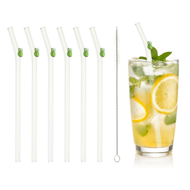 Uxcell 6 Pcs Popotes de Vidrio Reutilizables, 7.87" Popotes de Vidrio con Conejos Resistentes a Roturas, Popotes Lindos para Whisky, Café, Jugo, Refrescos y Té, Verde