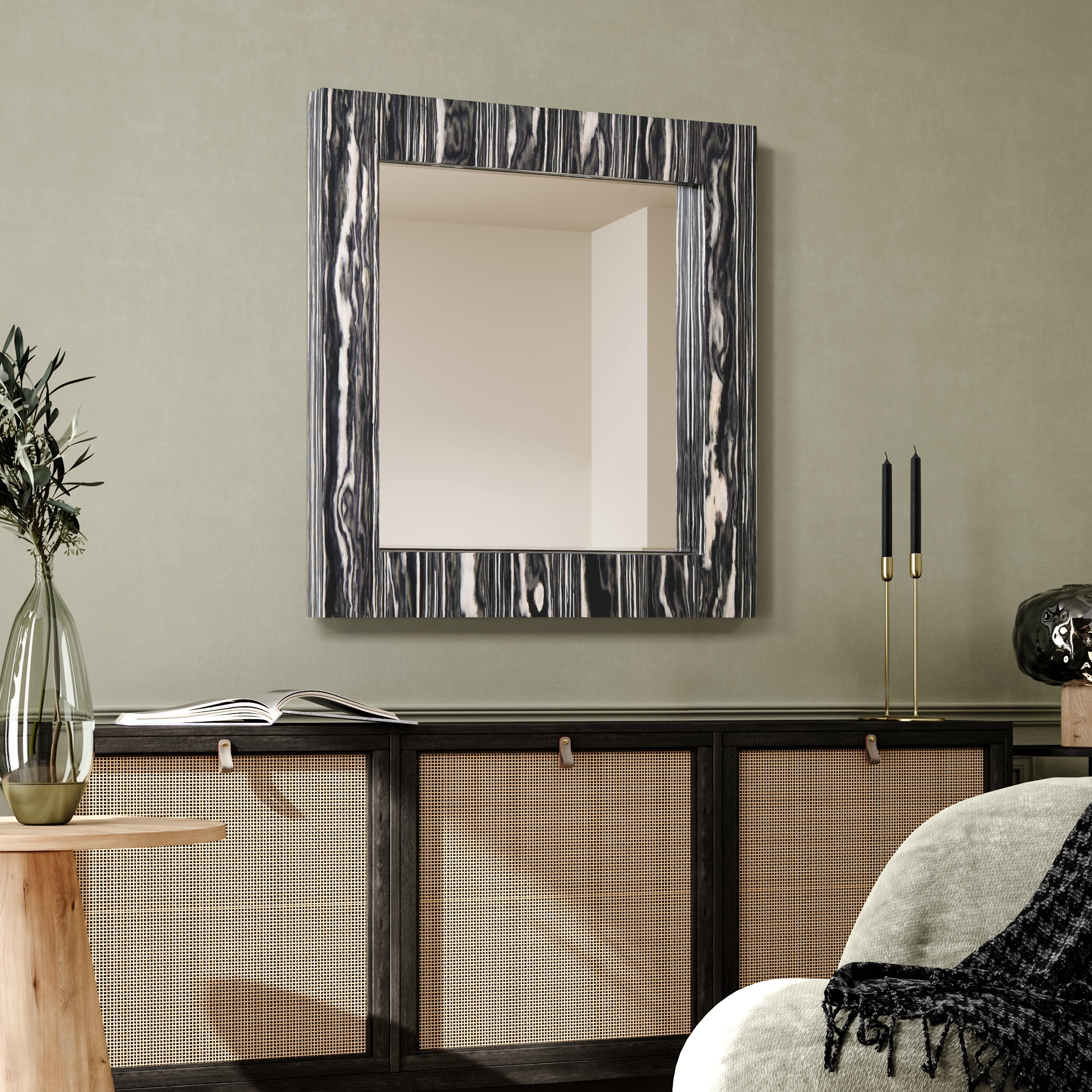 "Zebra Elegance Wall Mirror", 32"x32" Square Mirror Featuring a 24"x24" Beveled Center on a 4" Exotica Stained Veneer Frame