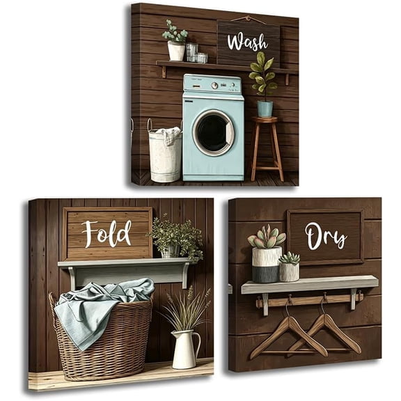 CCWACPP Laundry Room Decor Wall Art Brown Laundry Sign Picture Canvas Farmhouse Wash Dry Fold Painting Rustic Bathroom Hotel Decor Framed (10.00" x 10.00" x 3PCS)
