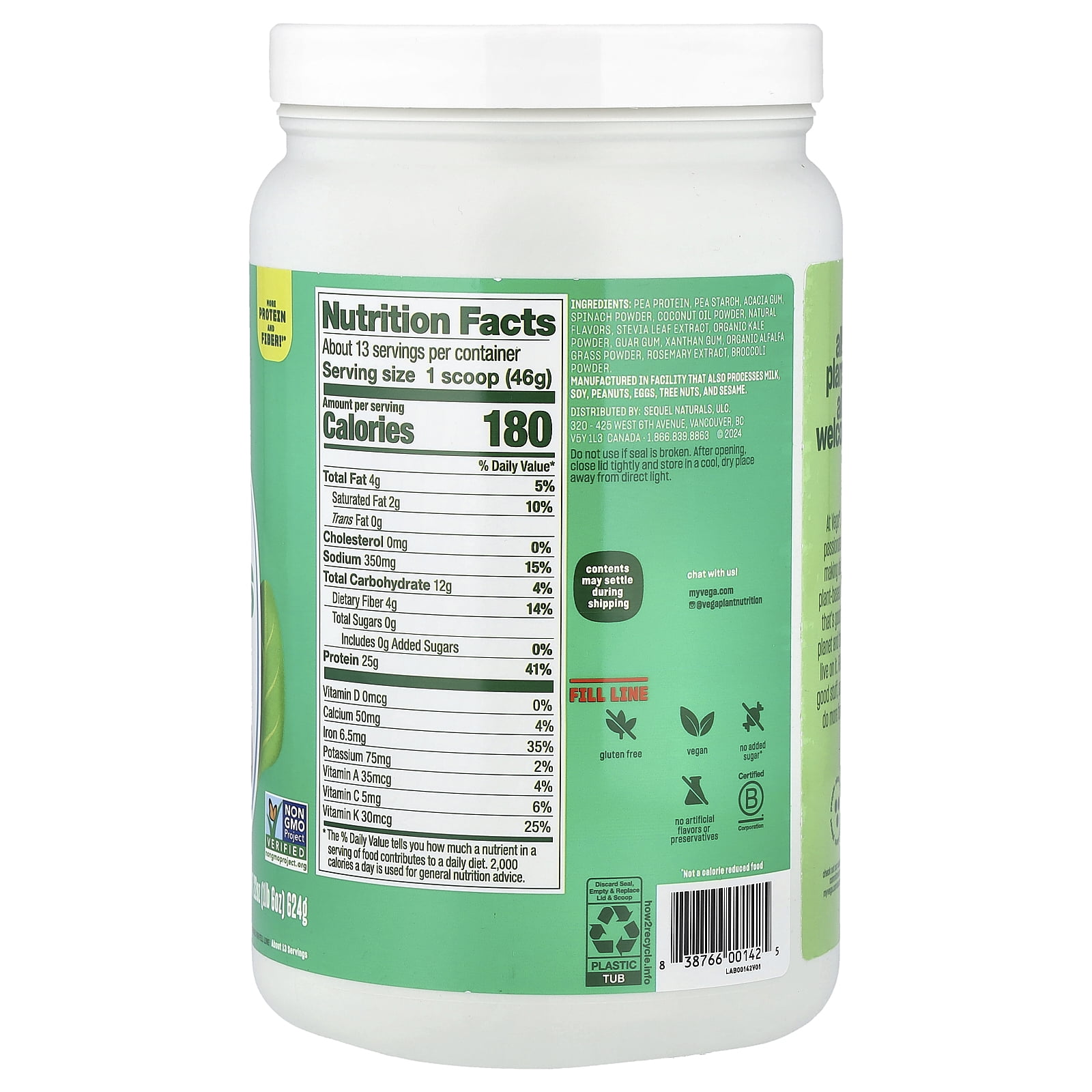 Vega Plant-Based Protein + Greens, Creamy Vanilla, 1 lb 6 oz (624 g)