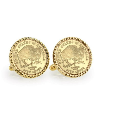 Gold-Layered 2005 Bison Nickel Goldtone Rope Bezel Coin Cuff Links