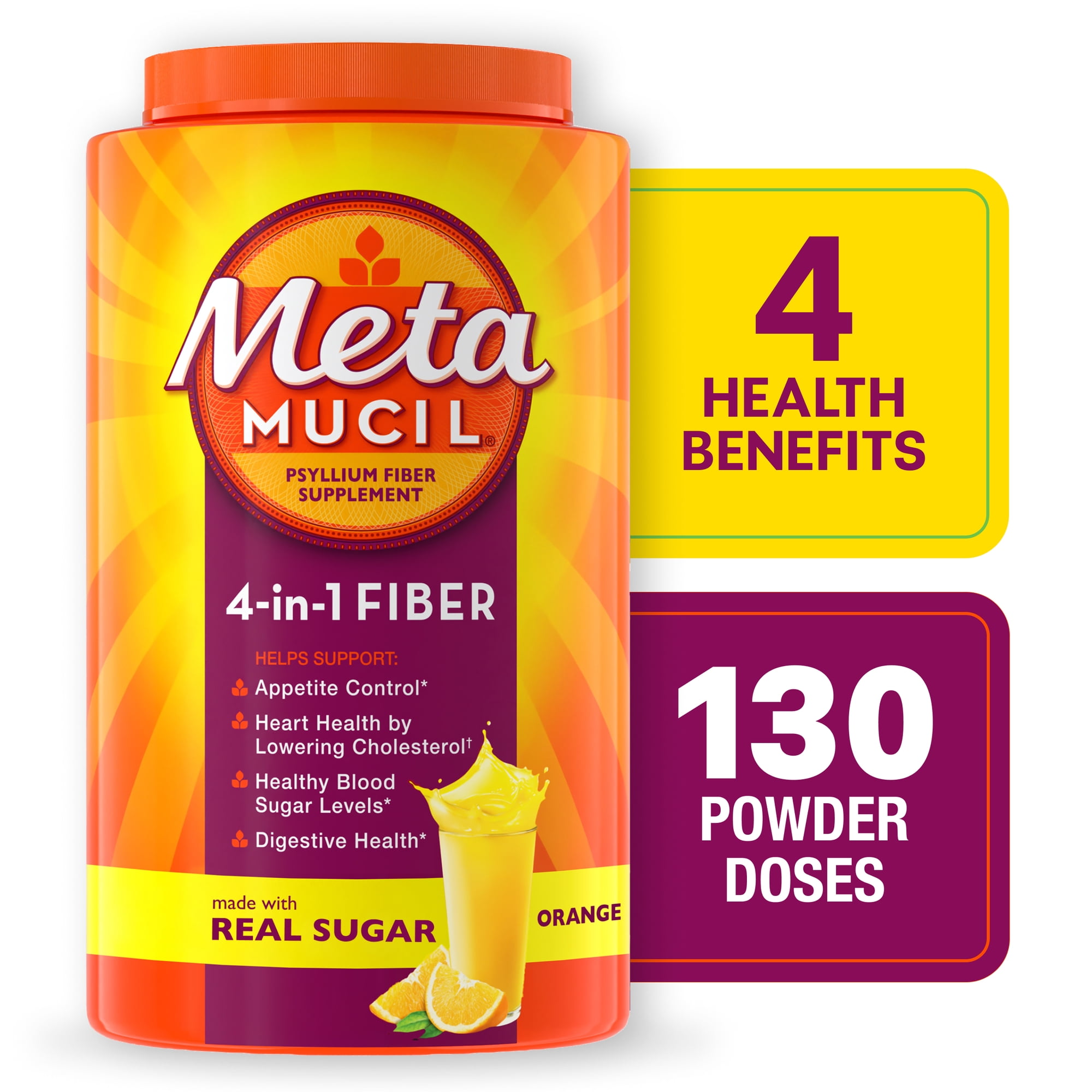 Metamucil GLP-1 Friendly Psyllium Fiber Supplement, Real Sugar Orange, 130 Tbsp