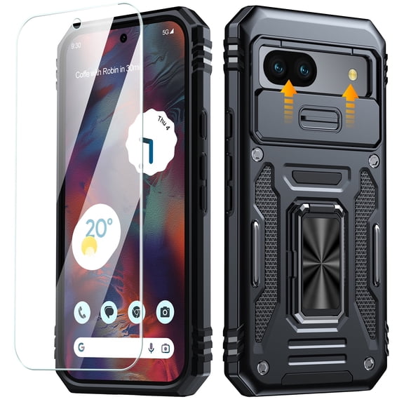ANTSHARE for Google Pixel 8A, Slide Camera Cover & Screen Protector & 360°Rotatable Ring Kickstand Military Grade Heavy Duty Protection Case for Google Pixel 8A