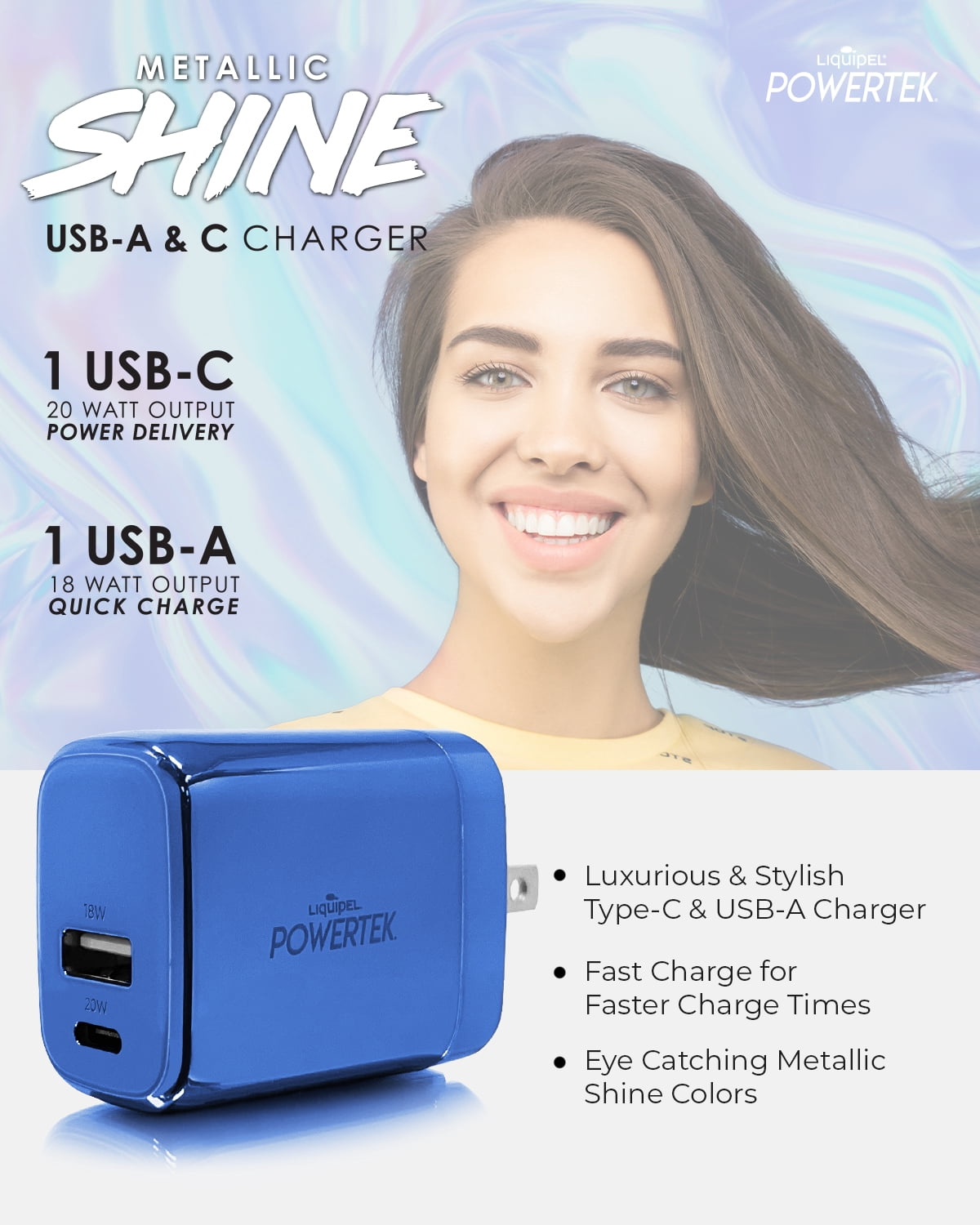 Liquipel Powertek 20W PD USBC and 18W USB A Dual Port Wall Block Charger, Type C Fast Charging Cube, Wall Power Adapter with Foldable Plug, Metallic Shine Light Blue