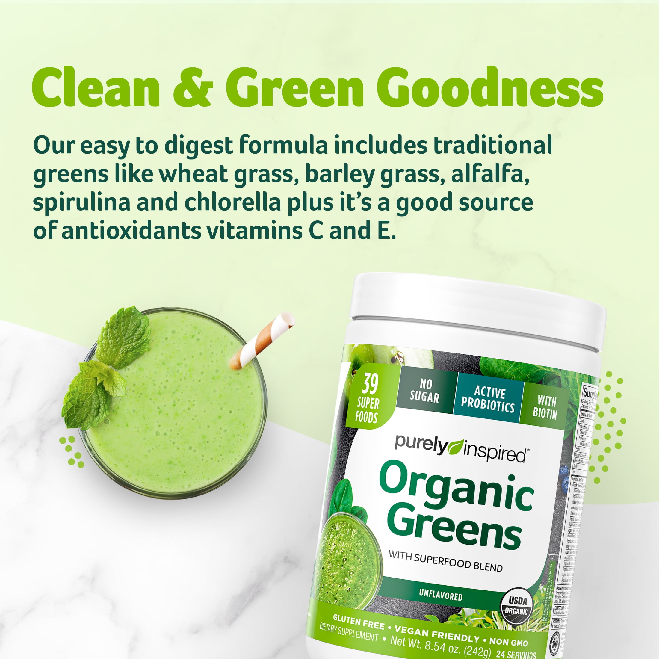 Greens Powder Smoothie Mix  Purely Inspired Organic Greens Powder  Superfood, Unflavored, 24 Servings (Package May Vary), 8.57 Ounce (Pack of  1) 