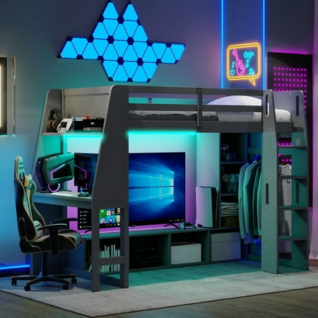 Euroco Wood Twin Size Loft Bed with Desk and Shelves, Gaming Bed with LED Light and Clothes Rack for Kids Teens, Gray