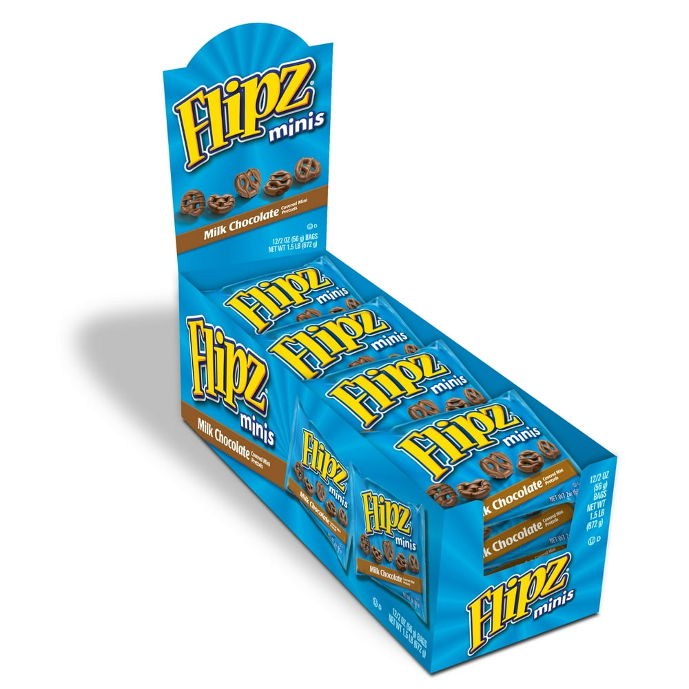 Flipz Milk Chocolate Covered Mini Pretzels, 12 Snack Bags, 2 Oz each