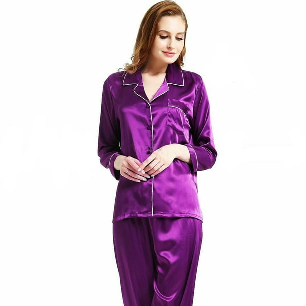 Combinaison Pyjama Pyjama en Satin de Soie pour Femmes à Manches Longues