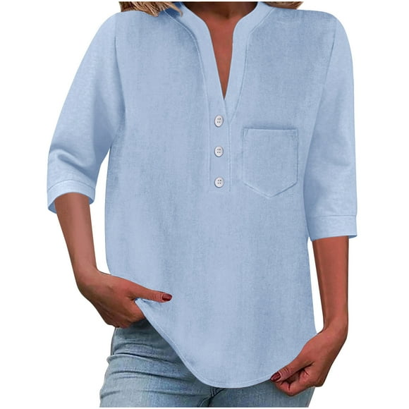 Lenpel Women's 3/4 Sleeve Tops V Neck Half Button Solid Color Business Casual Work Shirts Loose Tunic Blouses